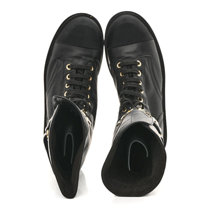 Chanel Shiny Calfskin Lace Up Combat Boots 37 Black 3 of 16