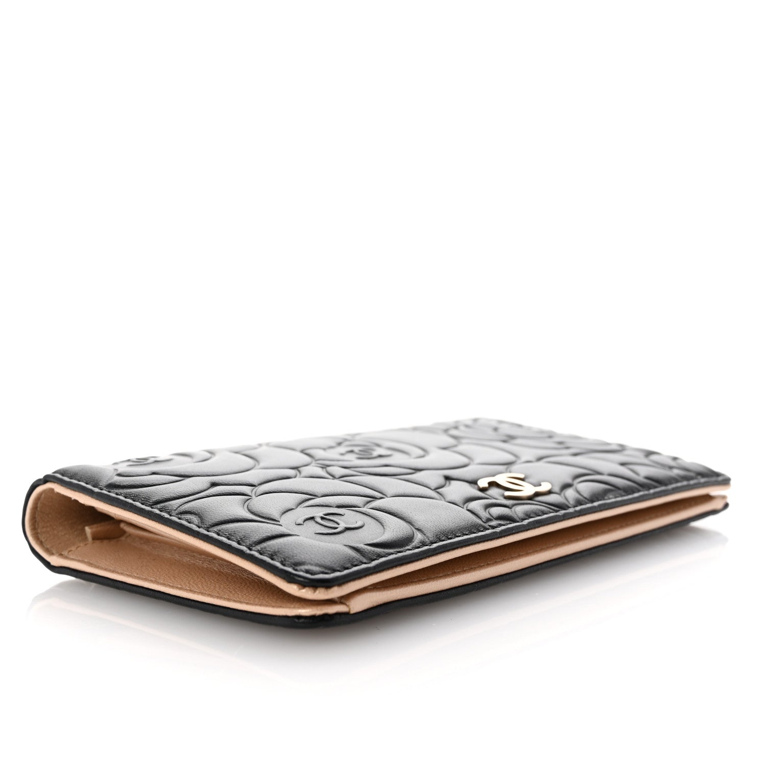 Chanel Lambskin Camellia Embossed Yen Wallet Black 4 of 9