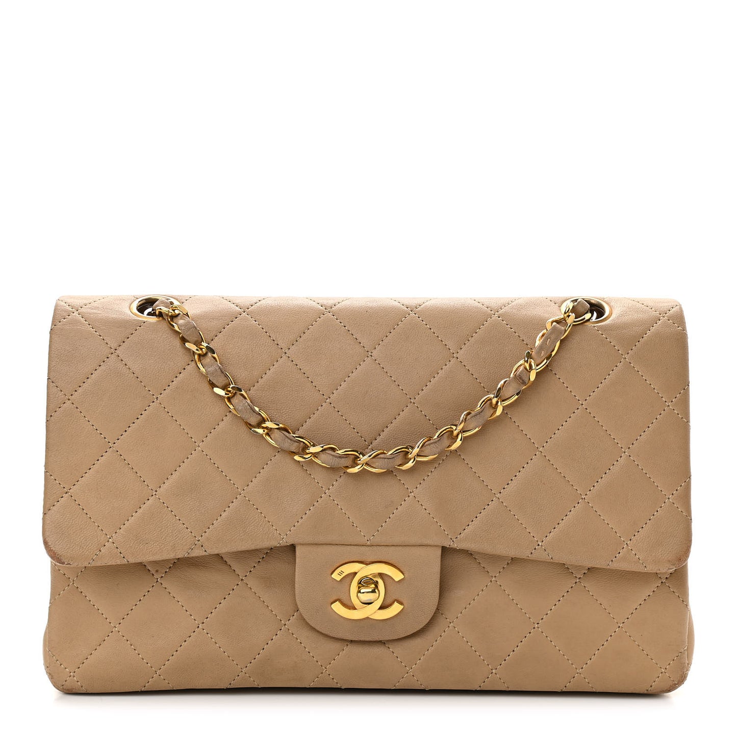 Lambskin Quilted Medium Double Flap Beige