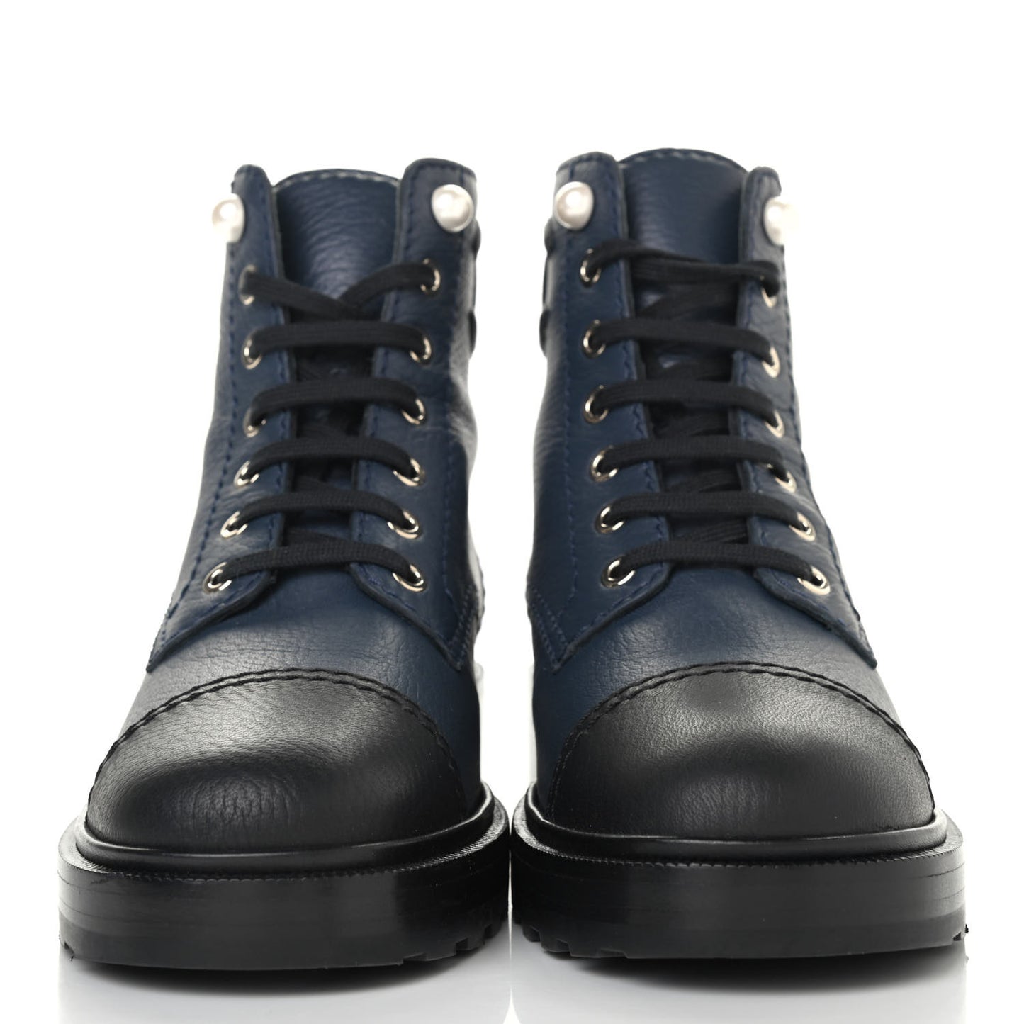 Calfskin Pearl Combat Short Boots 39 Navy Black