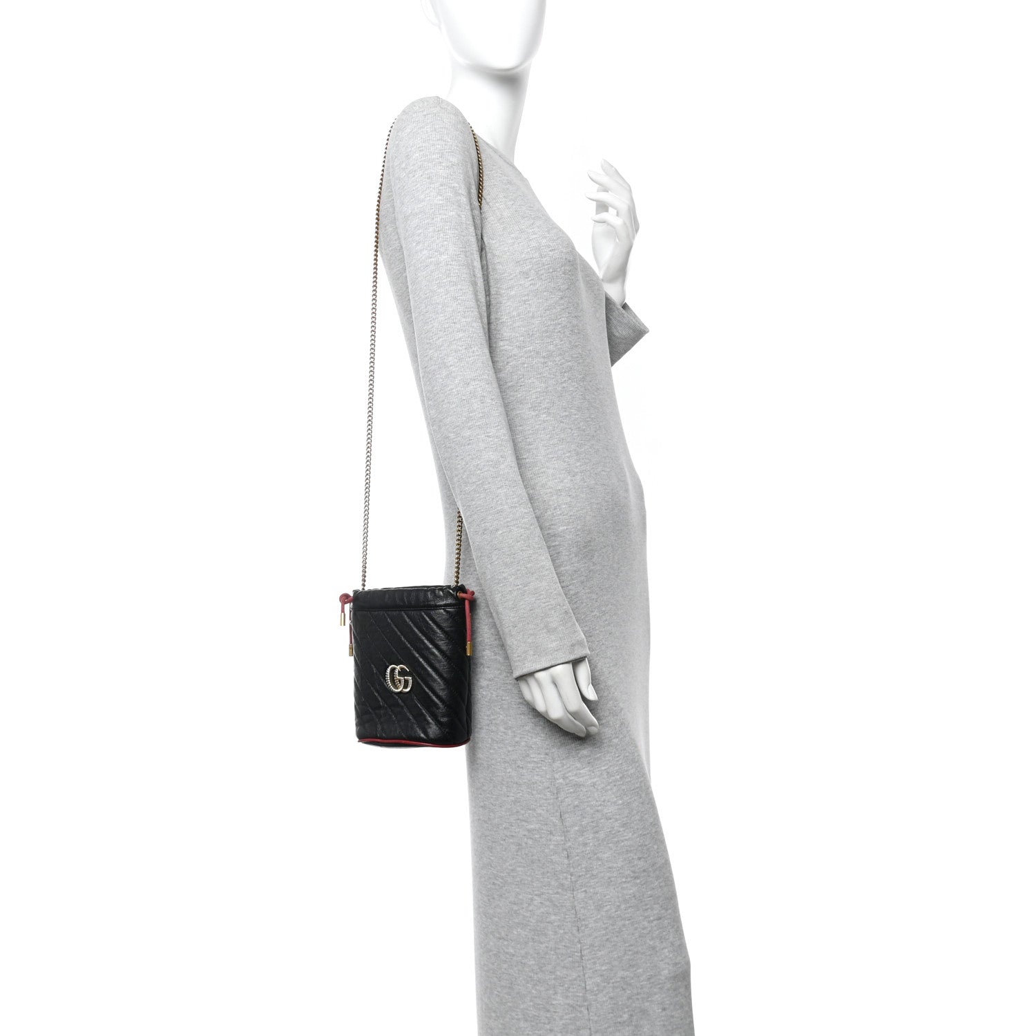 Gucci Vintage Effect Calfskin Matelasse Diagonal Mini Torchon GG Marmont 2.0 Bucket Bag Black Romantic Cherry 2 of 12