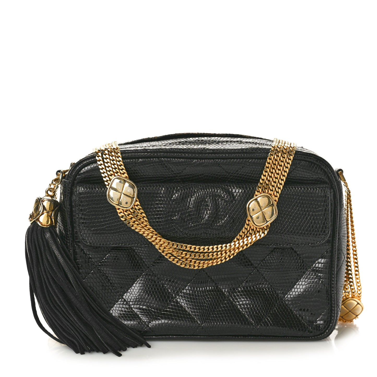 Lizard Quilted Small Tassel Camera Case Black