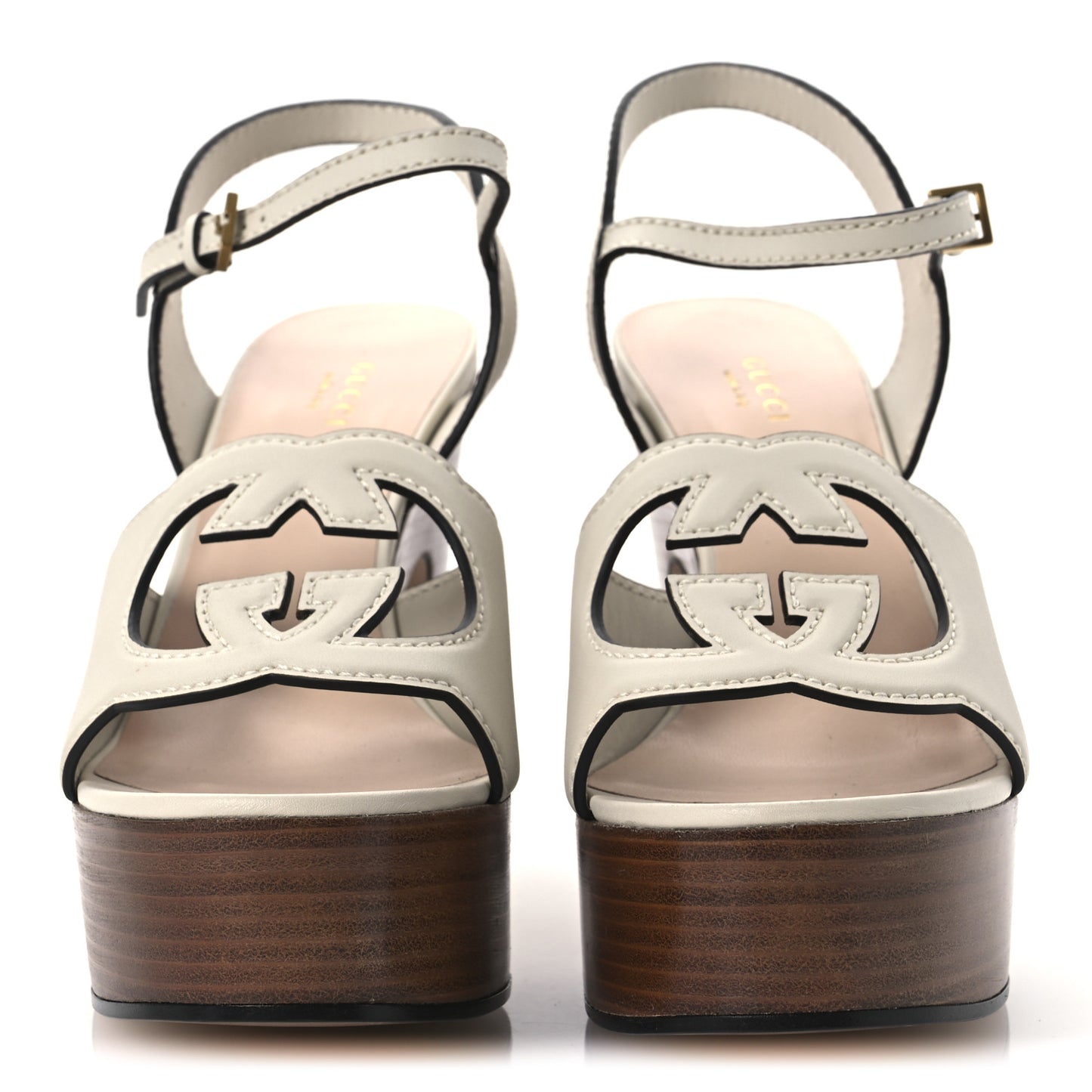 Cosmos Softy Calfskin Wooden Interlocking G Cut-Out 30/120mm Platform Sandals 40 Mystic White