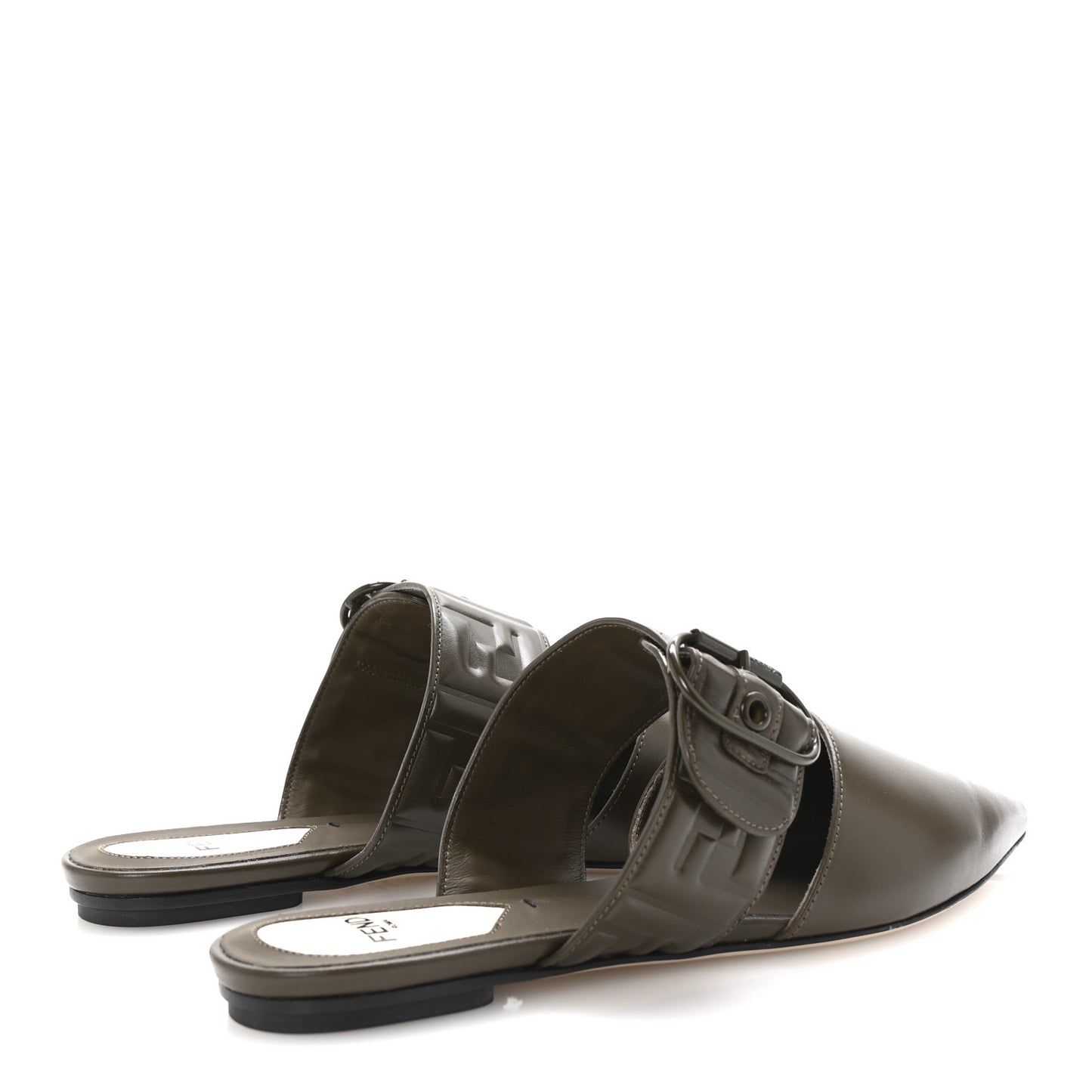 Vitello FF Embossed Buckle Flat Mules 37 Wood