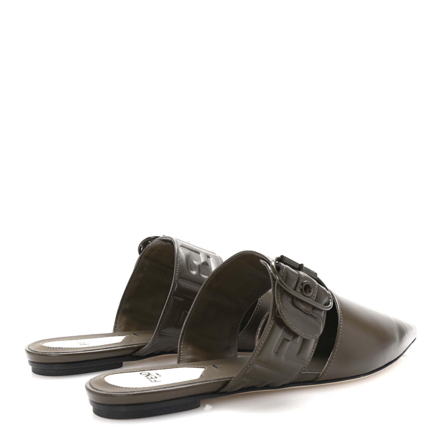 Fendi Vitello FF Embossed Buckle Flat Mules 37 Wood 5 of 9