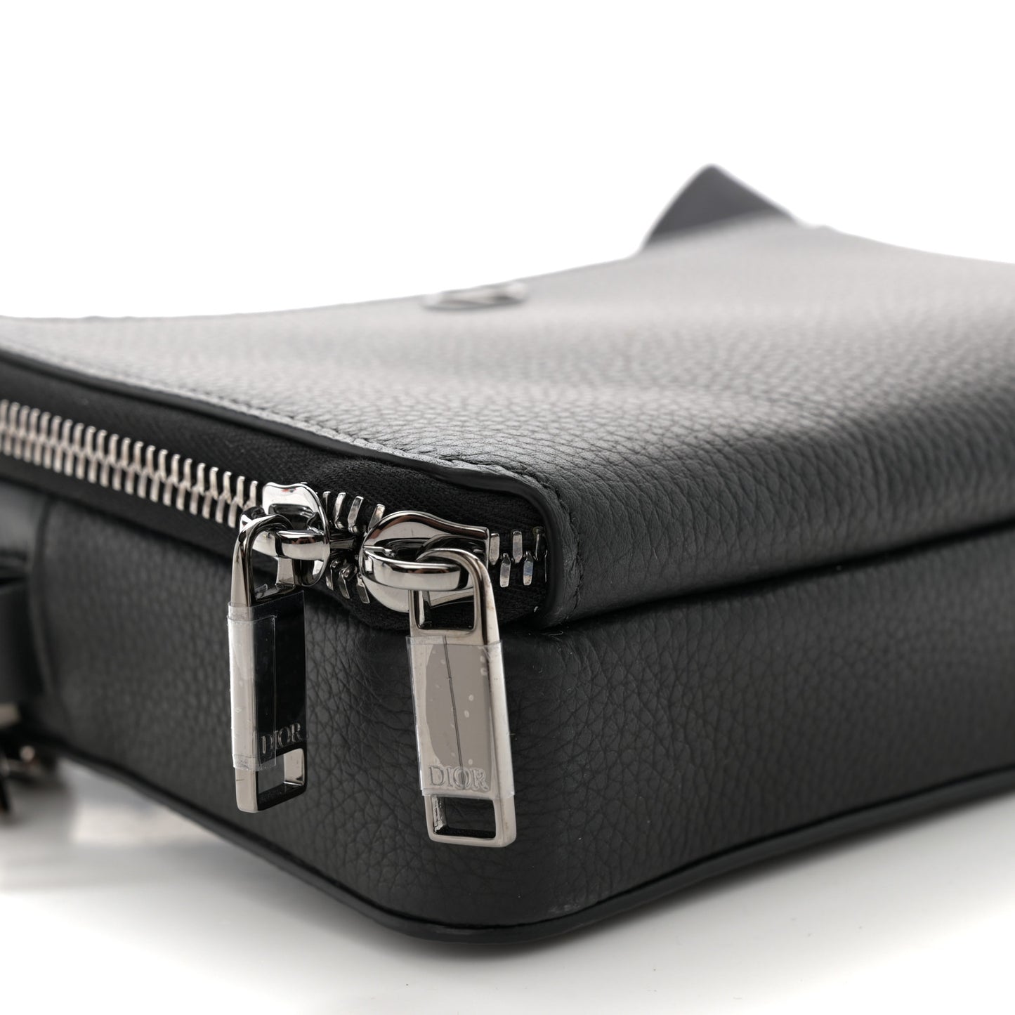 Grained Calfskin CD Icon Zipped Pouch With Strap Black