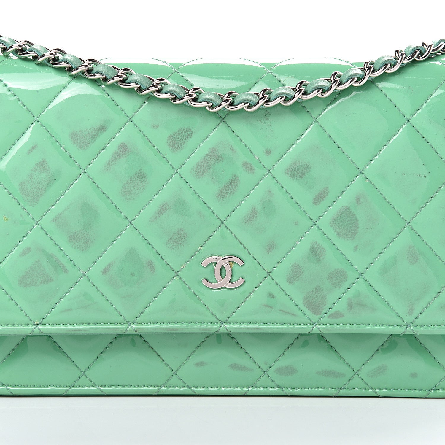 Chanel Patent Quilted Wallet On Chain WOC Green 11 of 18