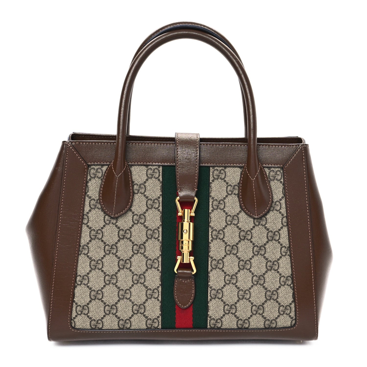Gucci GG Supreme Monogram Azalea Calfskin Web Medium Jackie 1961 Tote Beige Ebony Brown Sugar 1 of 12