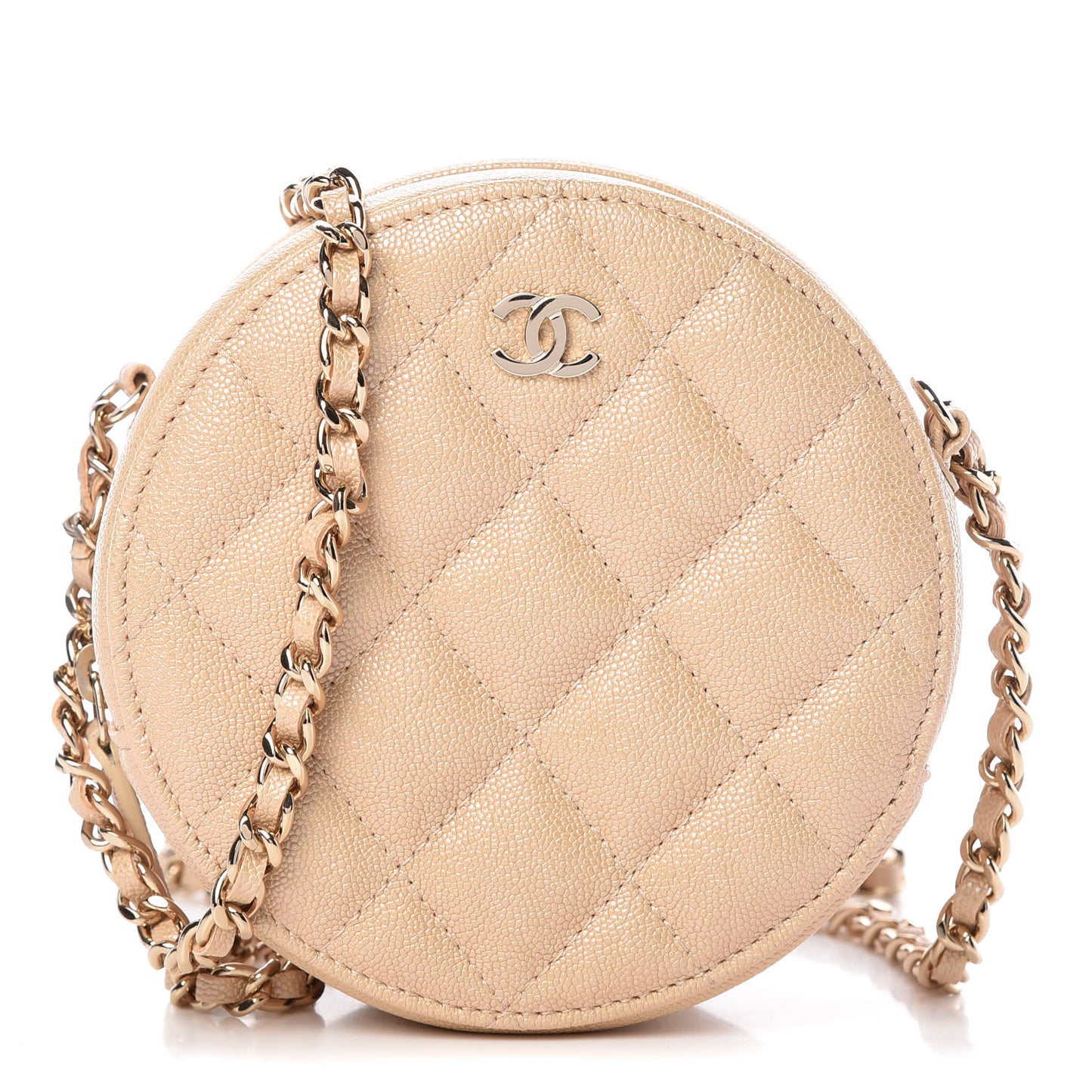 Iridescent Caviar Quilted Round Clutch With Chain Beige