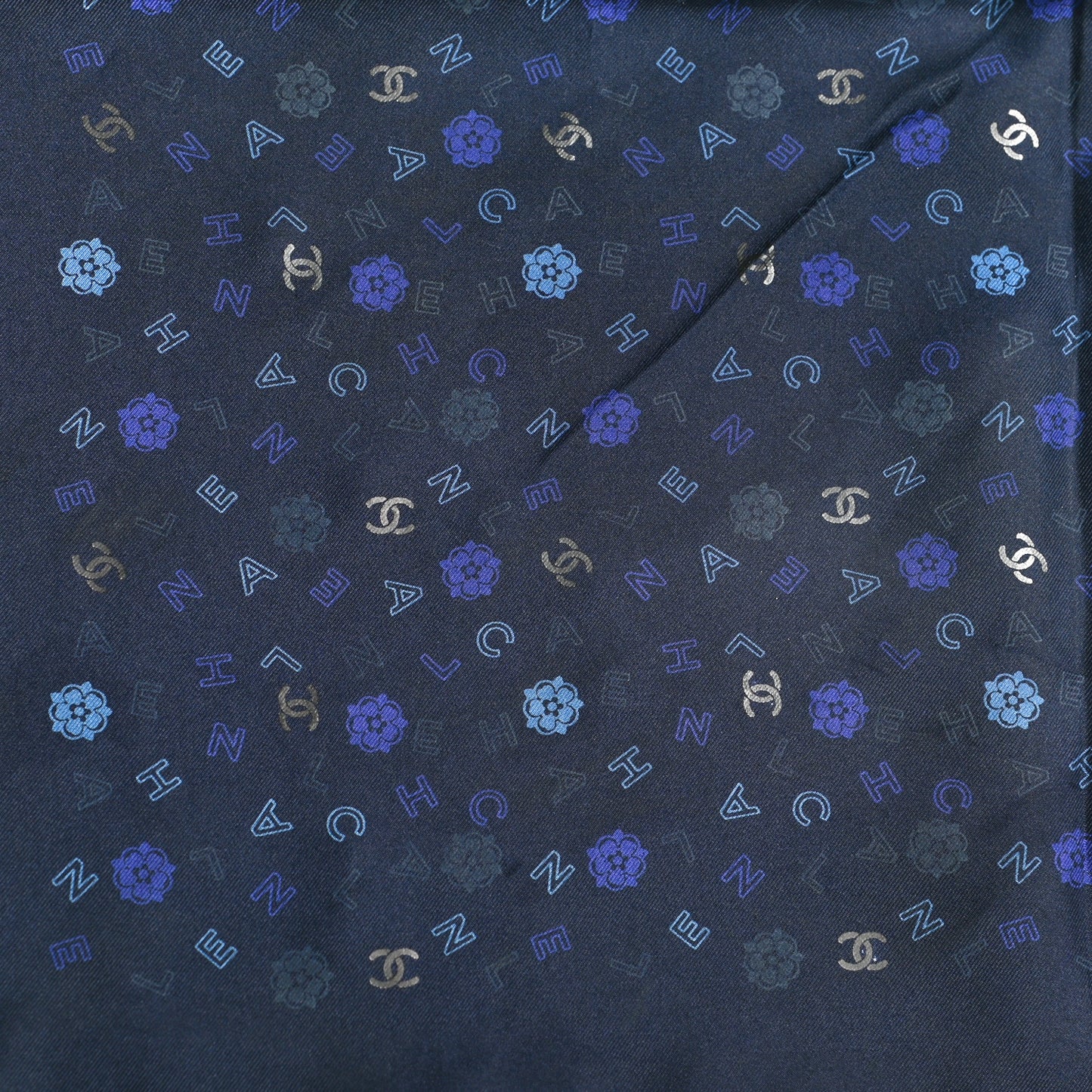 Silk Camellia CC Logo Square Scarf Blue