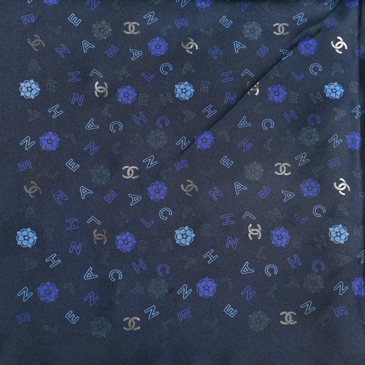 Chanel Silk Camellia CC Logo Square Scarf Blue 3 of 3