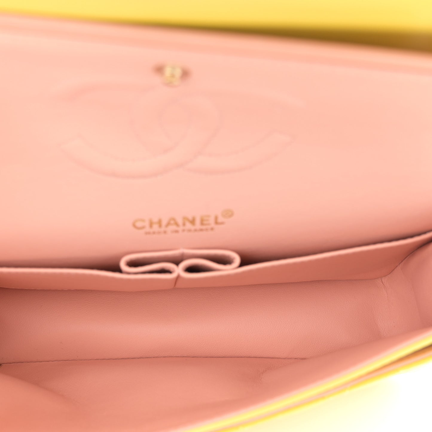 Lambskin Quilted Medium Double Flap Yellow Pink