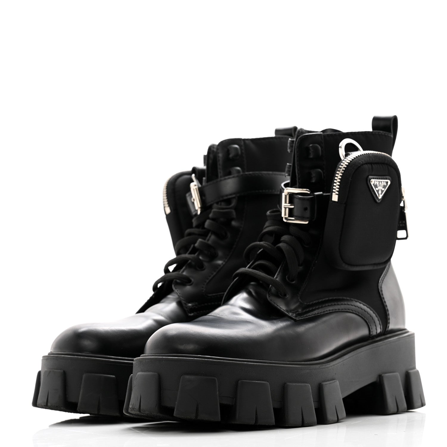 Prada Spazzolato Rois Nylon Metal Triangle Logo Monolith Pouch Pocket 55mm Boots 39 Black 3 of 7