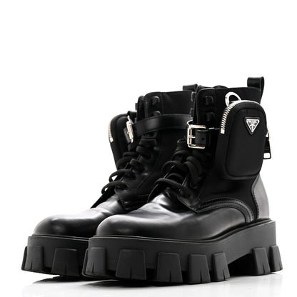 Prada Spazzolato Rois Nylon Metal Triangle Logo Monolith Pouch Pocket 55mm Boots 39 Black 3 of 7