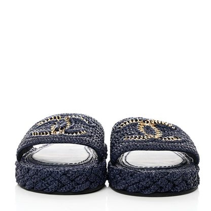 Chanel Cord CC Espadrille Slip On Sandals 37 Navy Blue 2 of 7