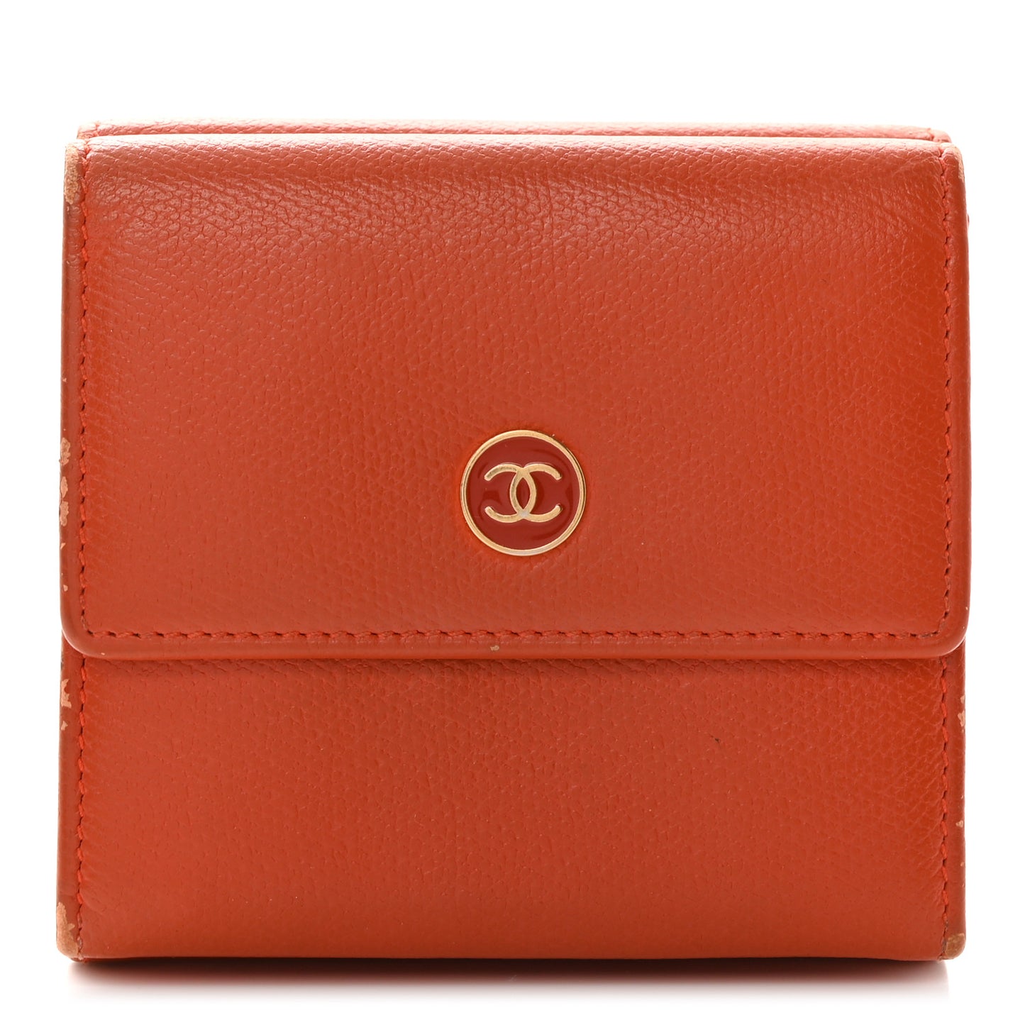 Grained Calfskin CC Button Compact Wallet Orange