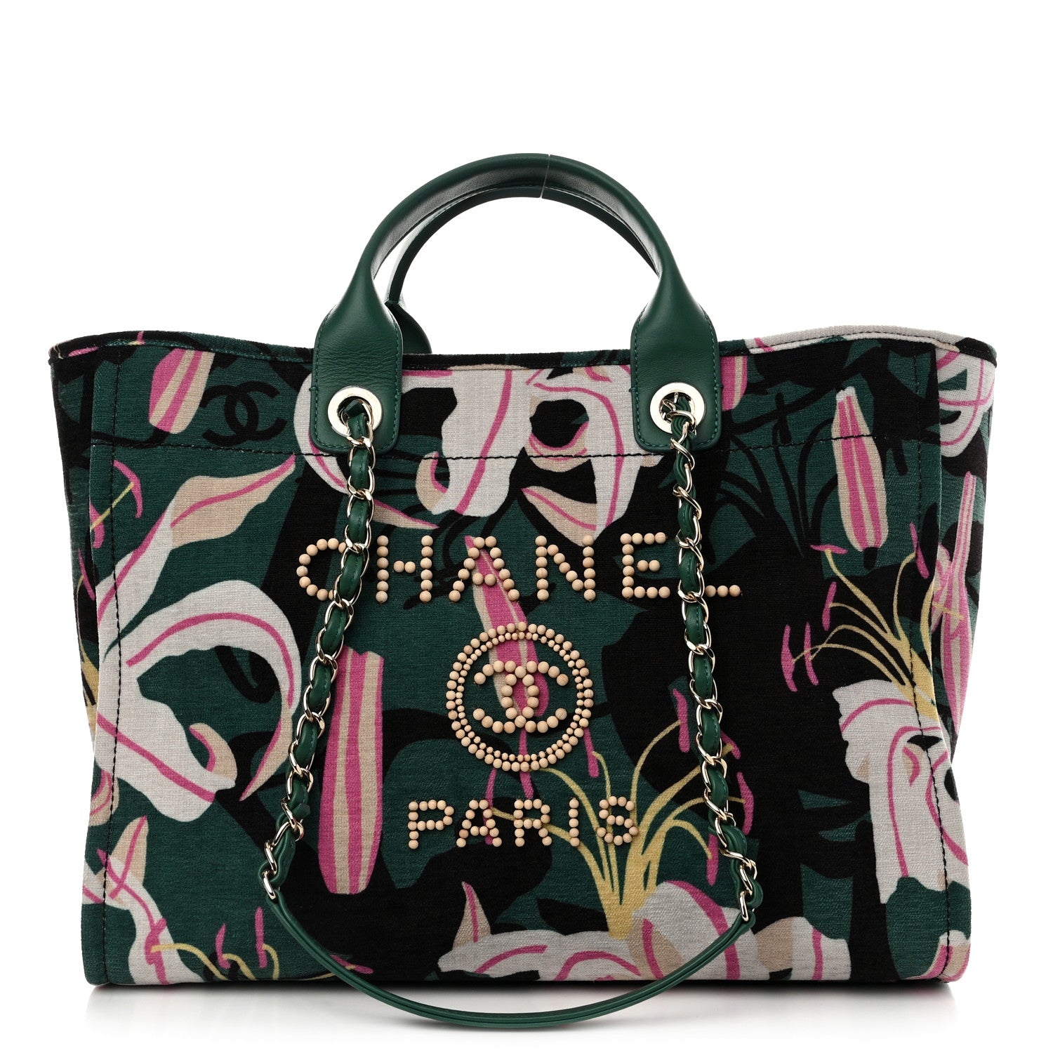 Chanel Velvet Calfskin Beaded Medium Deauville Tote Pink Green Black 1 of 11