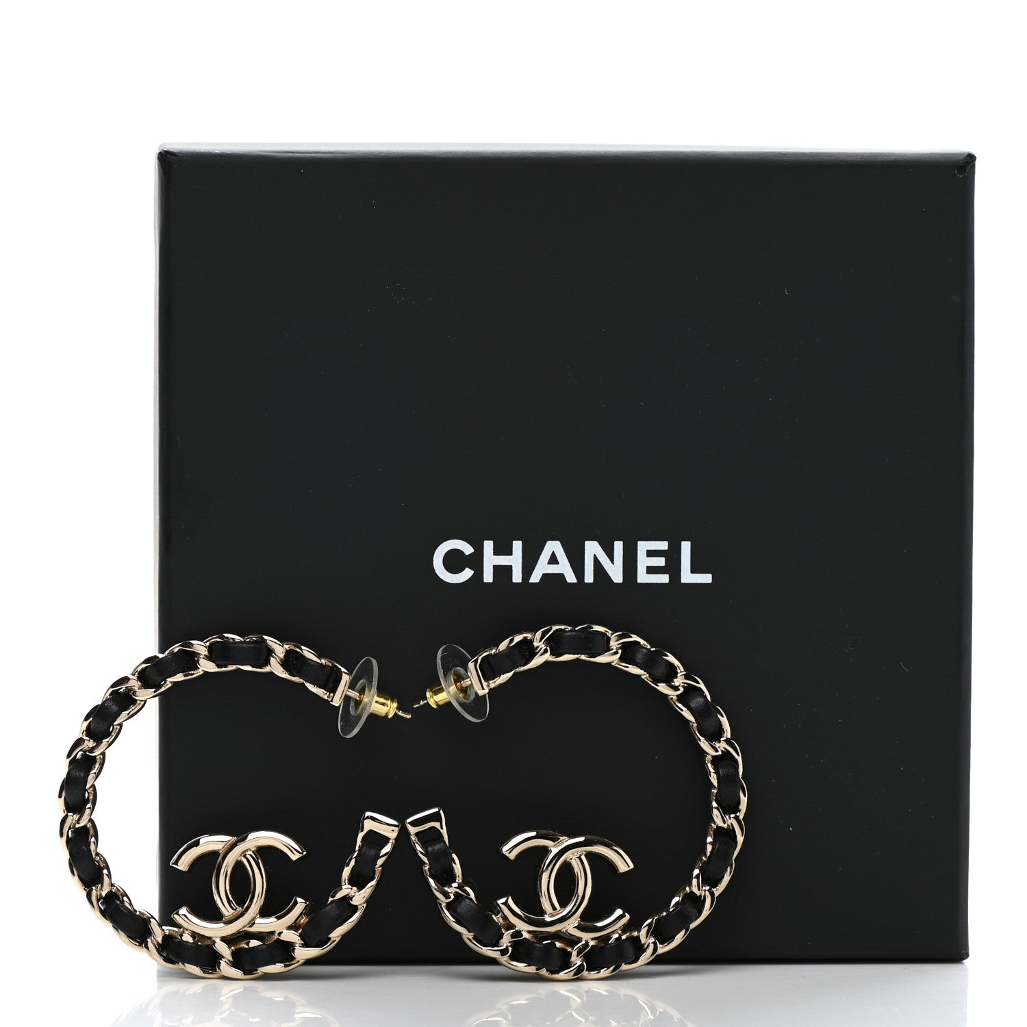 Chanel Lambskin CC Chain Hoop Earrings Gold Black 5 of 5