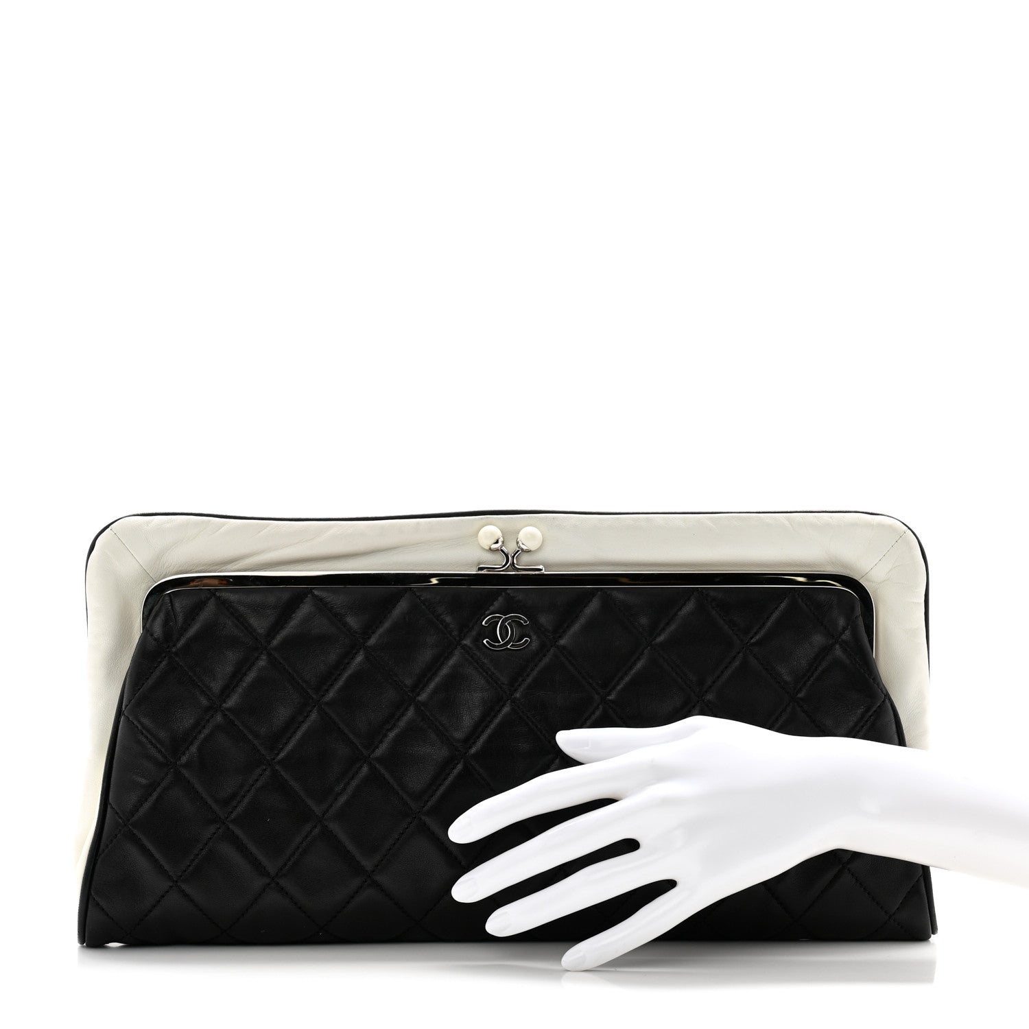 Chanel Lambskin Quilted Pearl Kiss Lock Clutch Black White 2 of 15