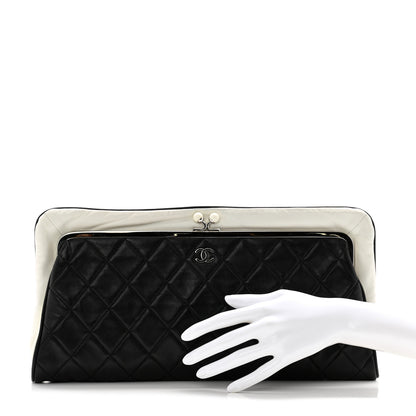 Chanel Lambskin Quilted Pearl Kiss Lock Clutch Black White 2 of 15