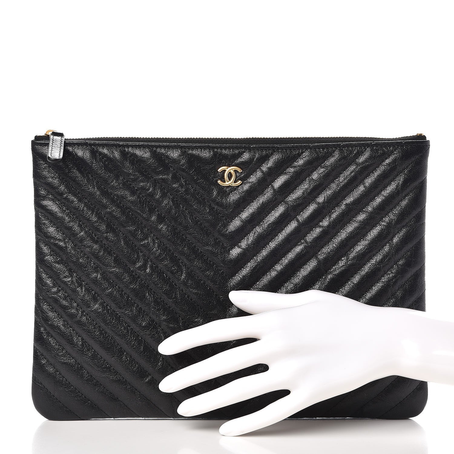 Chanel Crackled Calfskin Chevron Quilted Medium Cosmetic Case Black 2 of 8