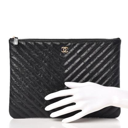 Chanel Crackled Calfskin Chevron Quilted Medium Cosmetic Case Black 2 of 8