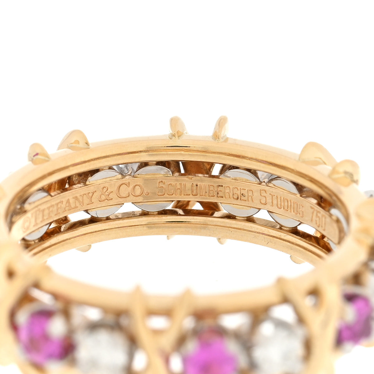 Tiffany 18K Yellow Gold Platinum Diamond Pink Sapphire Schlumberger Sixteen Stone Ring 57 8 4 of 4