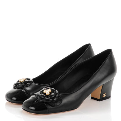 Chanel Lambskin Patent Calfskin Pearl Camellia Cap Toe Pumps 39 Black 3 of 8