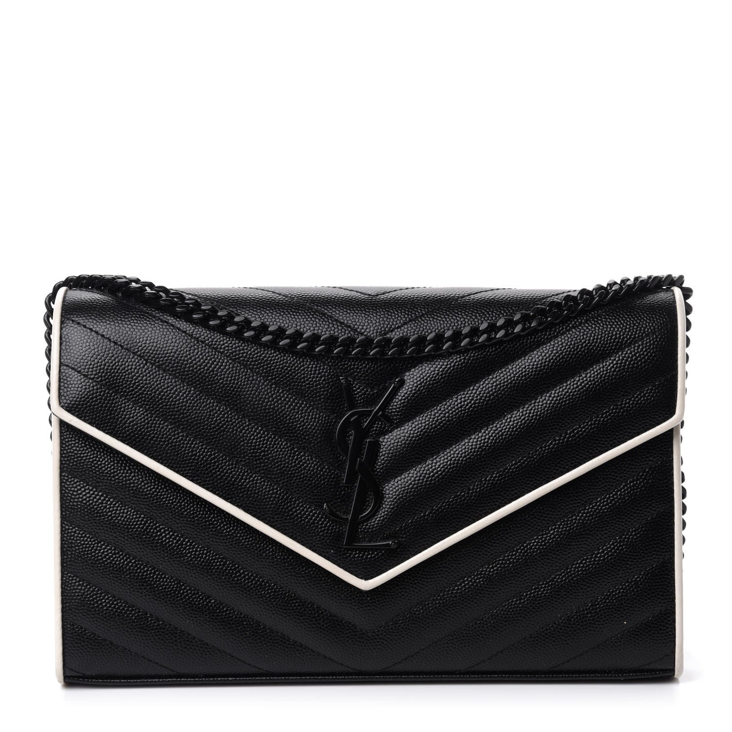Saint Laurent Grain De Poudre Matelasse Chevron Monogram Chain Wallet Black White 1 of 11
