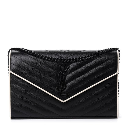 Saint Laurent Grain De Poudre Matelasse Chevron Monogram Chain Wallet Black White 1 of 11