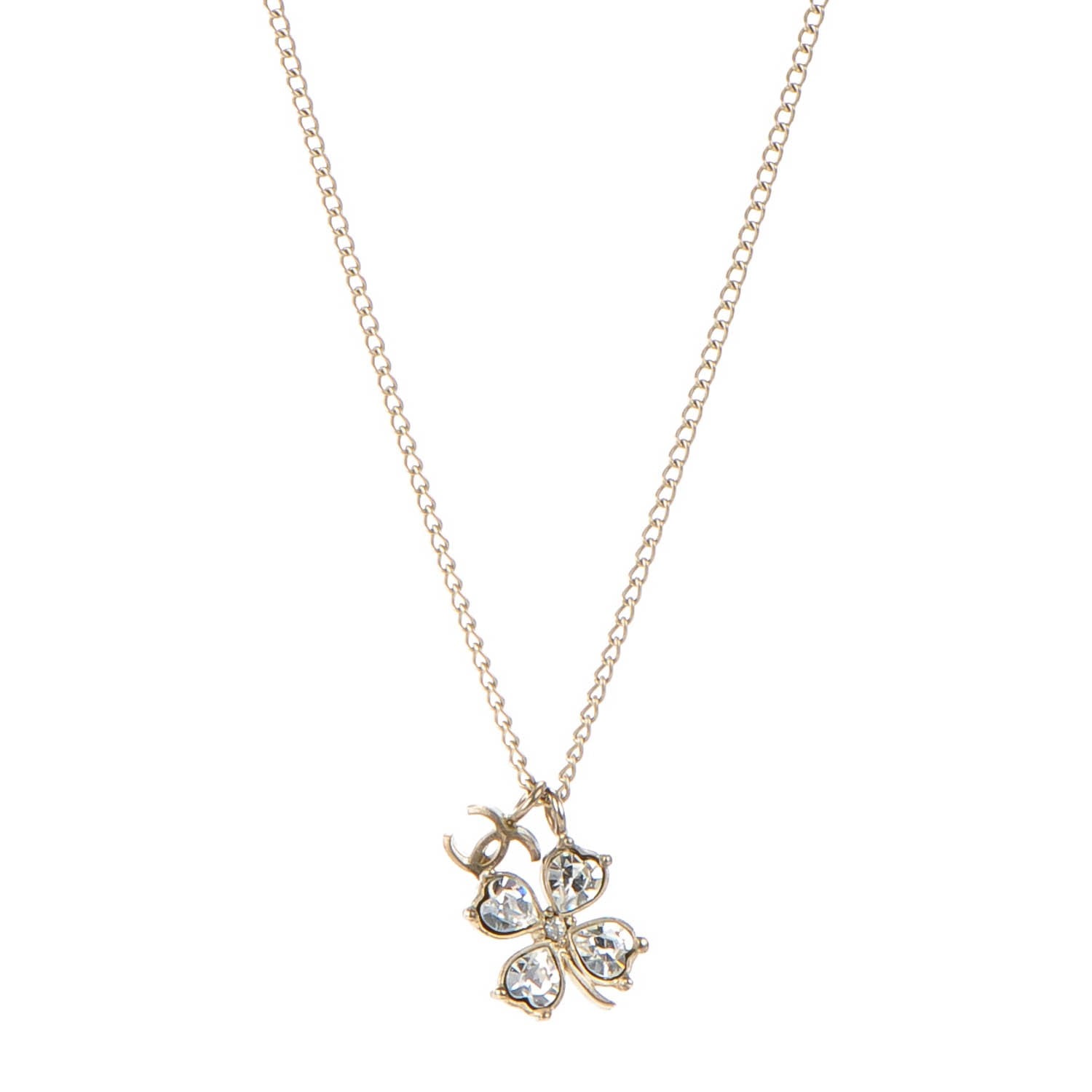 Chanel Crystal CC Four Leaf Clover Pendant Necklace Gold 1 of 4