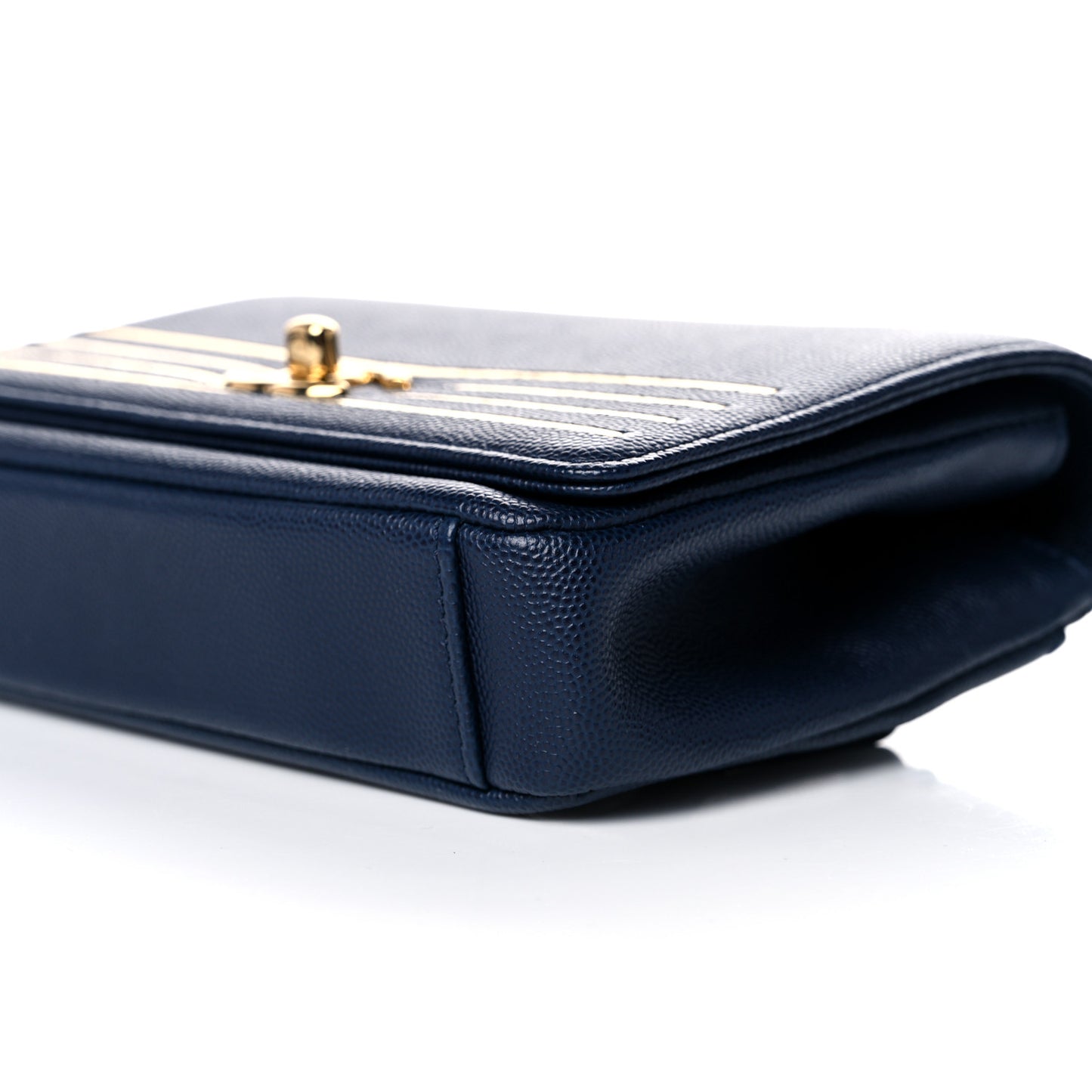 Grained Calfskin Embroidered Captain Gold Flap Belt Bag Navy