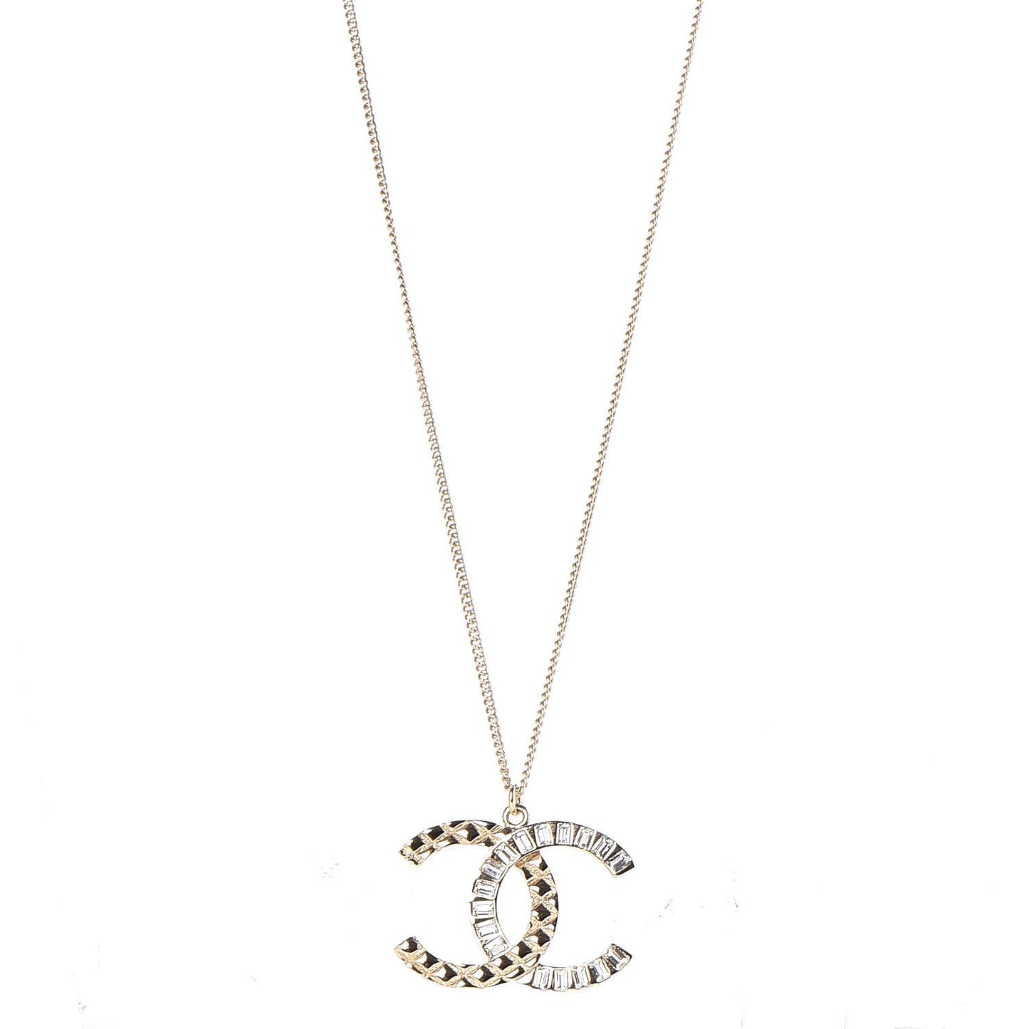 Baguette Crystal Quilted CC Pendant Necklace Gold