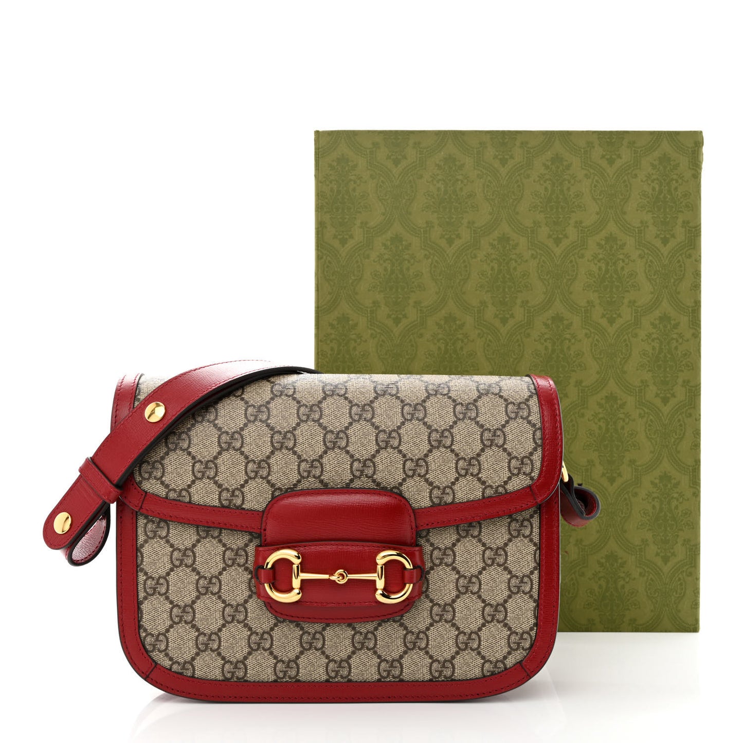 GG Supreme Monogram Azalea Calfskin Horsebit 1955 Shoulder Bag Beige Ebony New Cherry Red