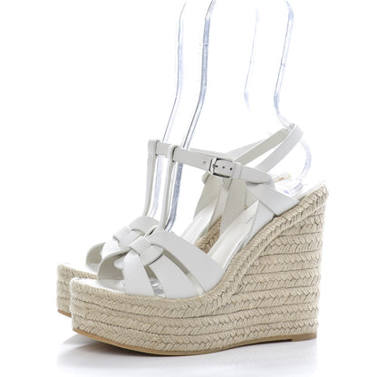 Saint Laurent Calfskin Tribute 95 Platform Espadrille Wedge Sandals 37 Porcellana 3 of 7