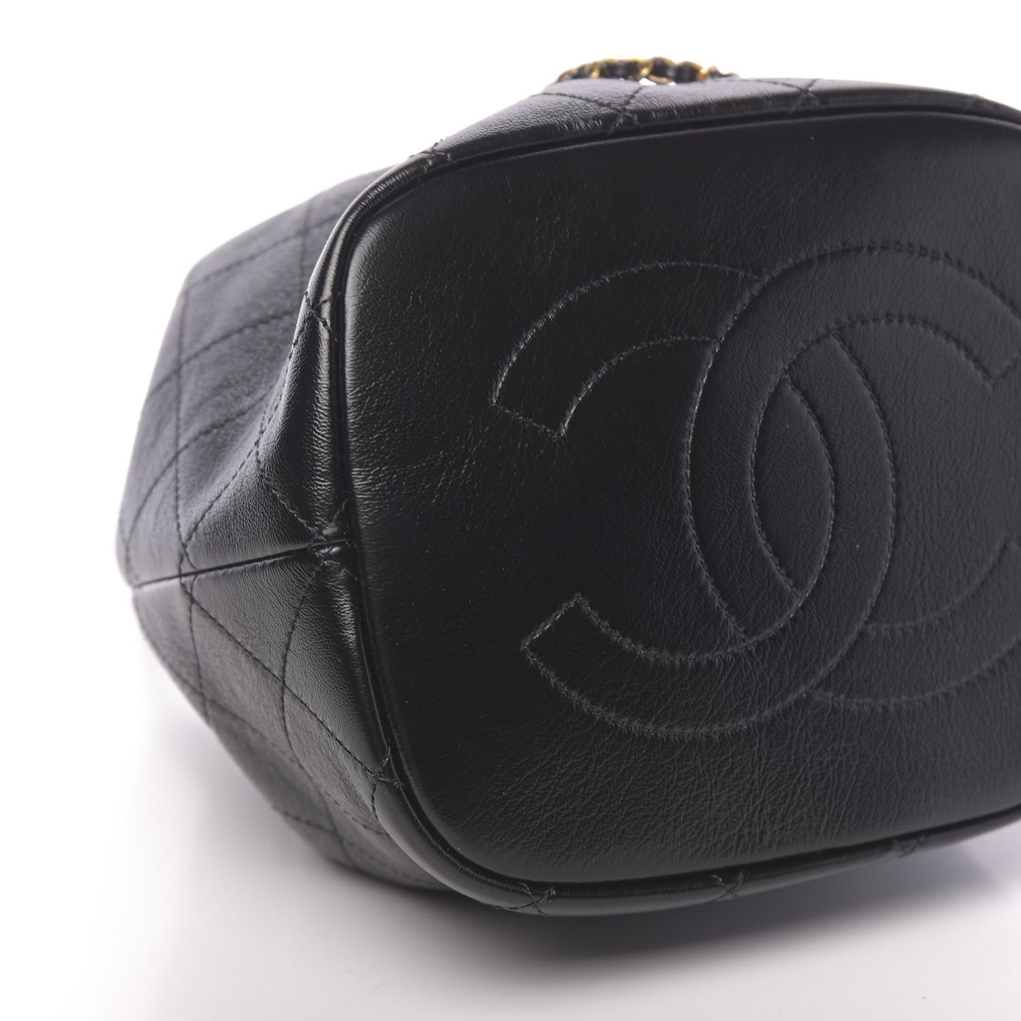 Shiny Lambskin Quilted Drawstring Bag Black