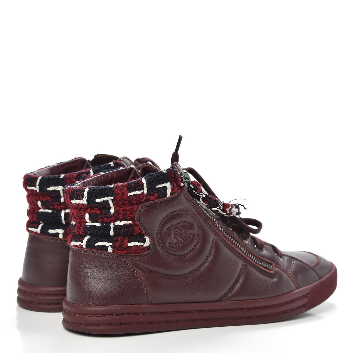 Chanel Lambskin Tweed Chain CC Sneakers 37 Burgundy Navy White 4 of 9