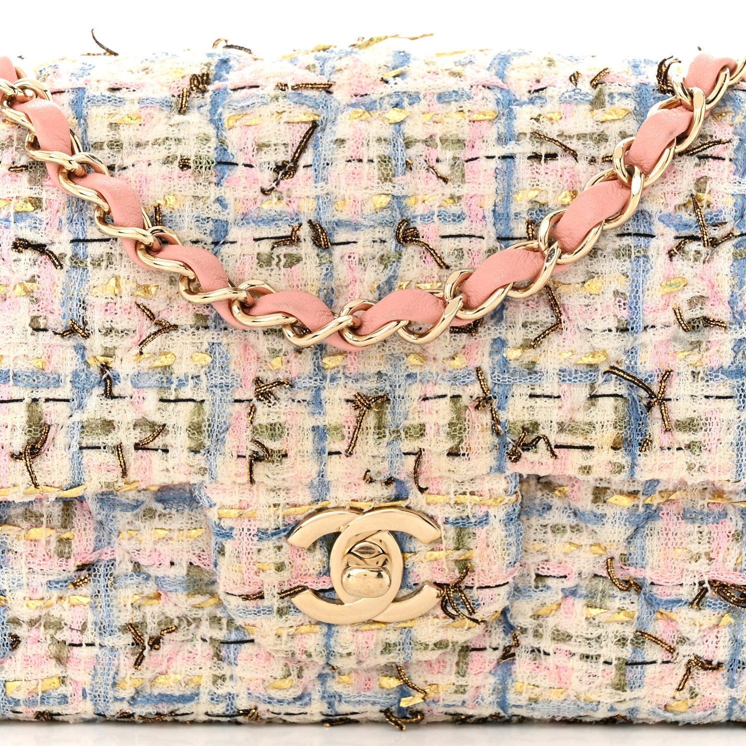 Chanel Tweed Quilted Mini Rectangular Flap Light Blue Pink Gold White 8 of 11