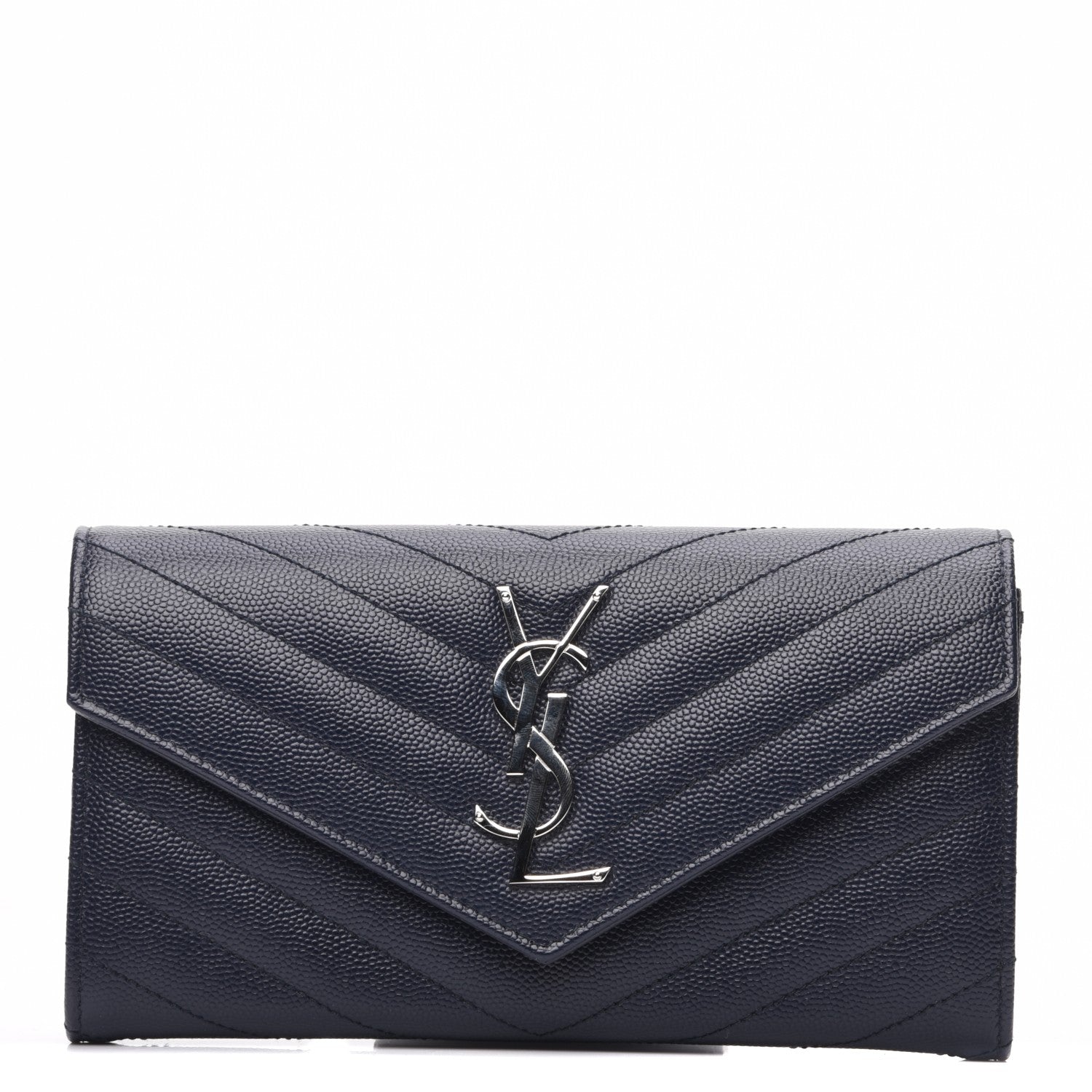 Saint Laurent Grain De Poudre Matelasse Chevron Monogram Flap Wallet Navy 1 of 6