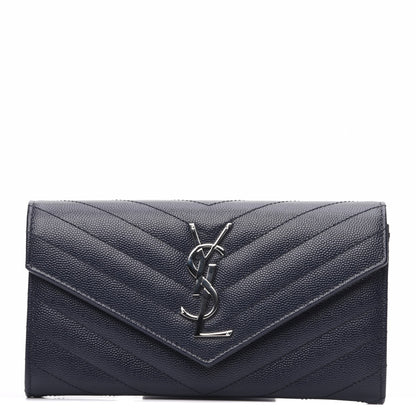 Saint Laurent Grain De Poudre Matelasse Chevron Monogram Flap Wallet Navy 1 of 6