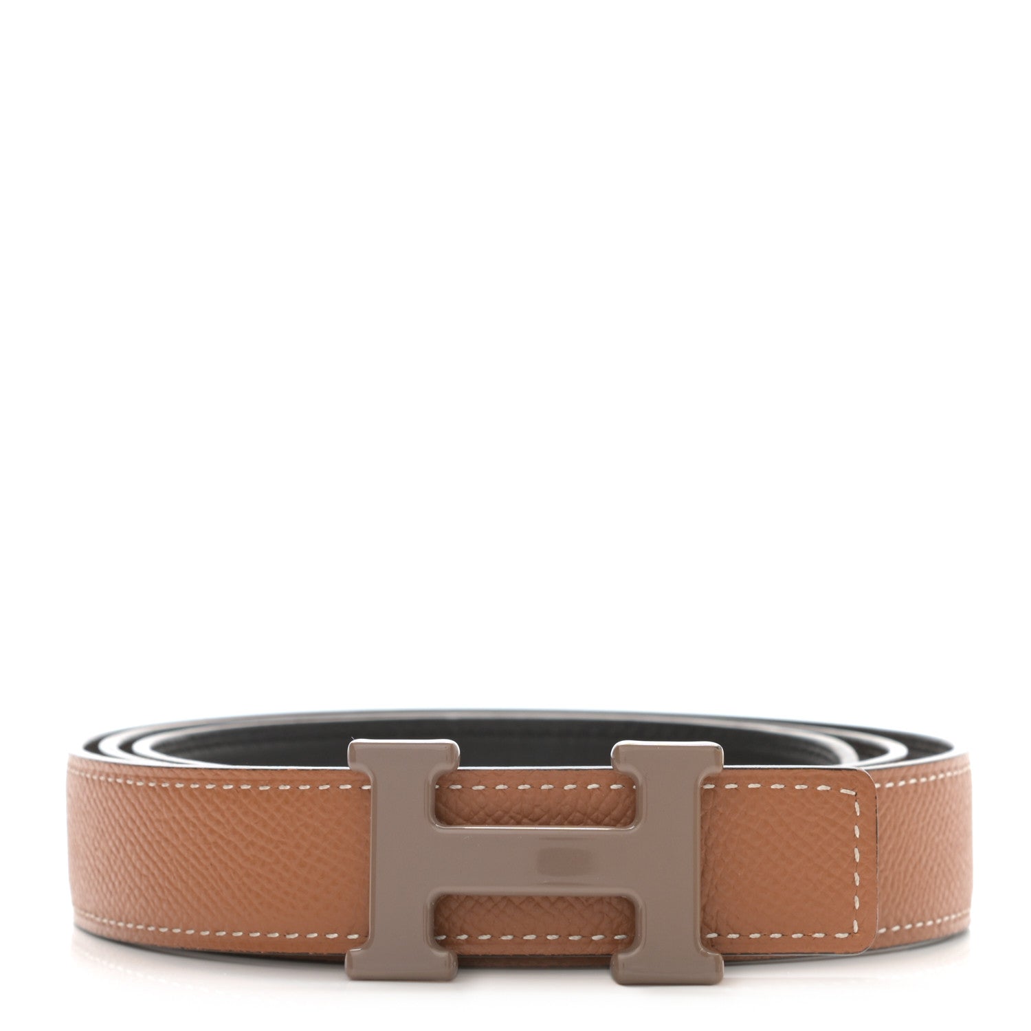 Hermes Epsom Swift Enamel 24mm Belt 90 Etoupe Gold Black 1 of 5