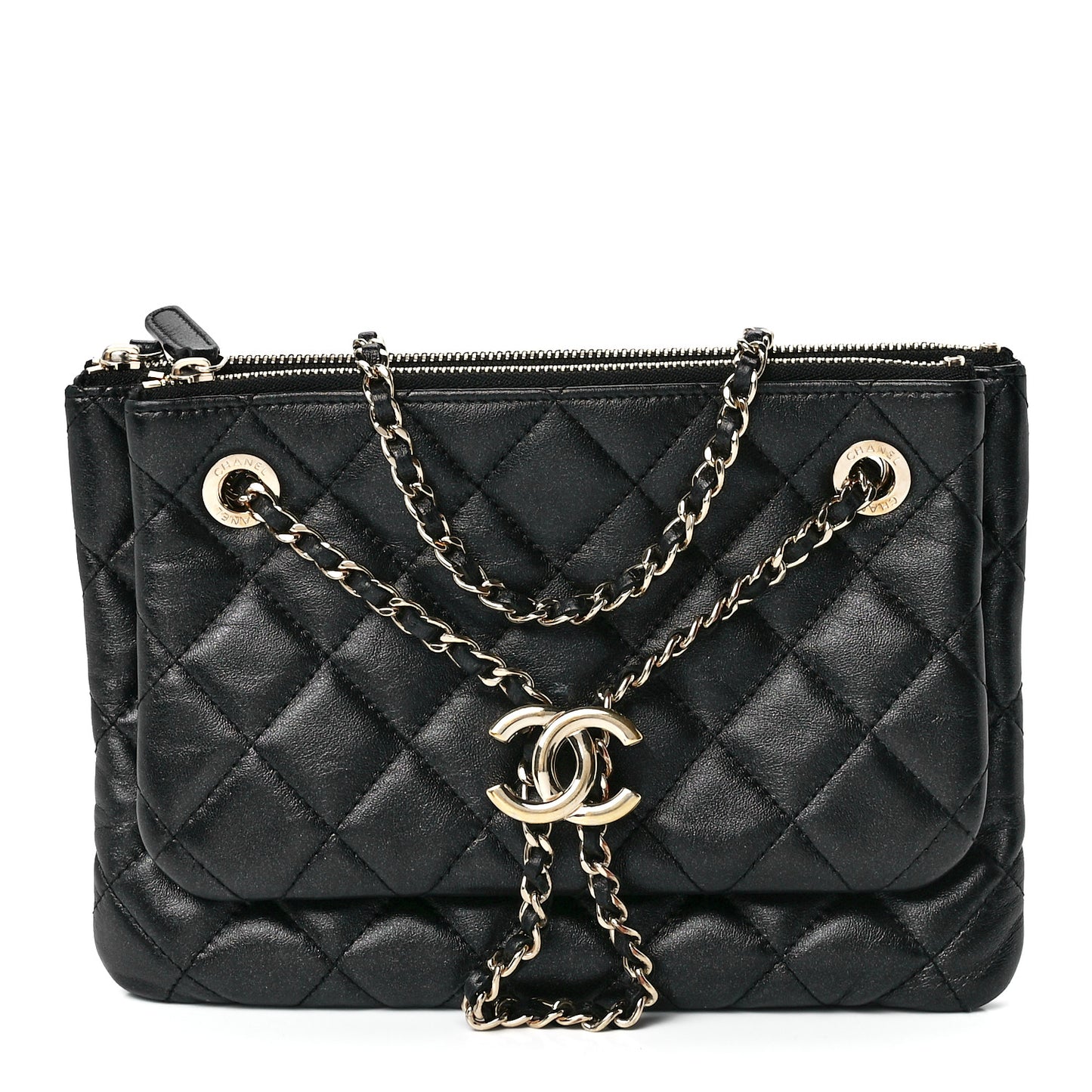 Shiny Lambskin Quilted Medium Double Case With Strap Black
