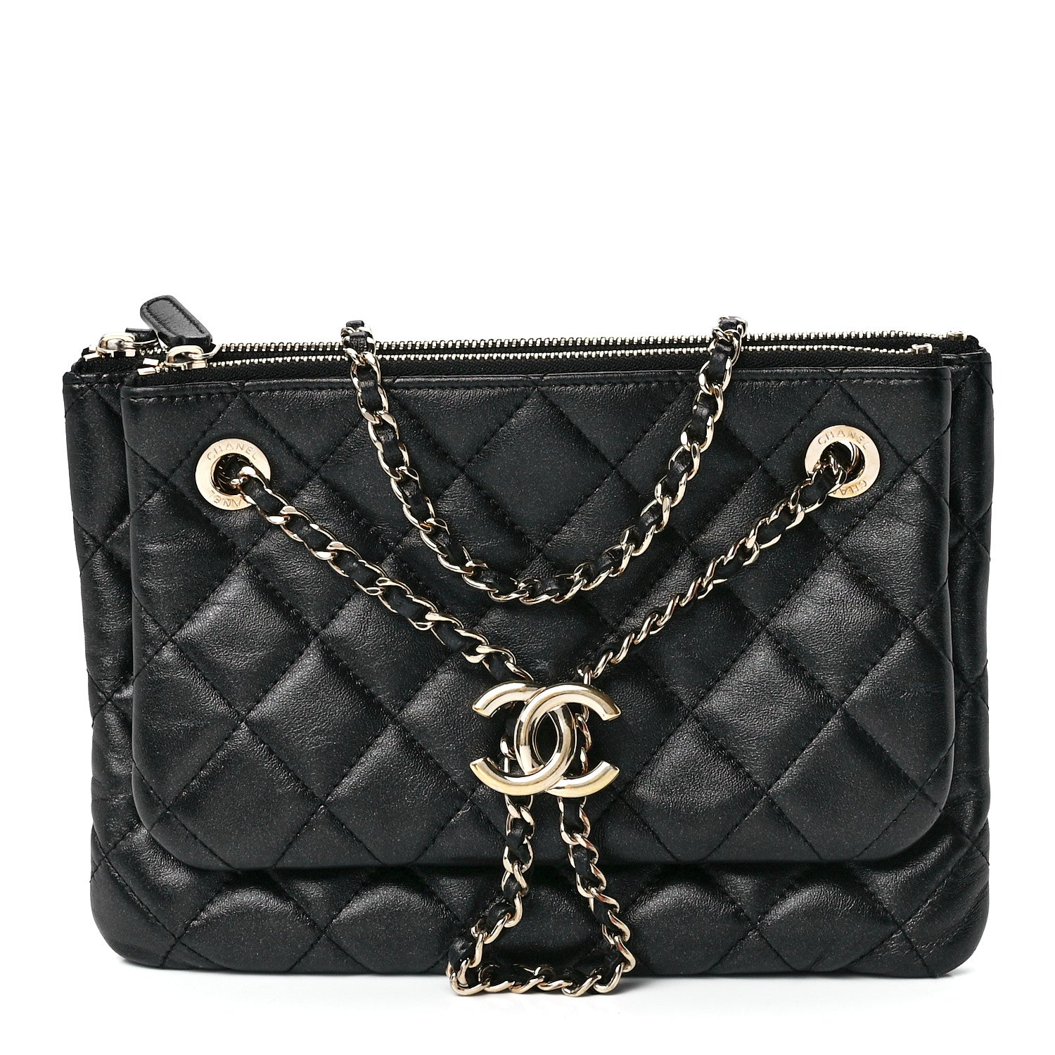 Chanel Shiny Lambskin Quilted Medium Double Case With Strap Black 1 of 12