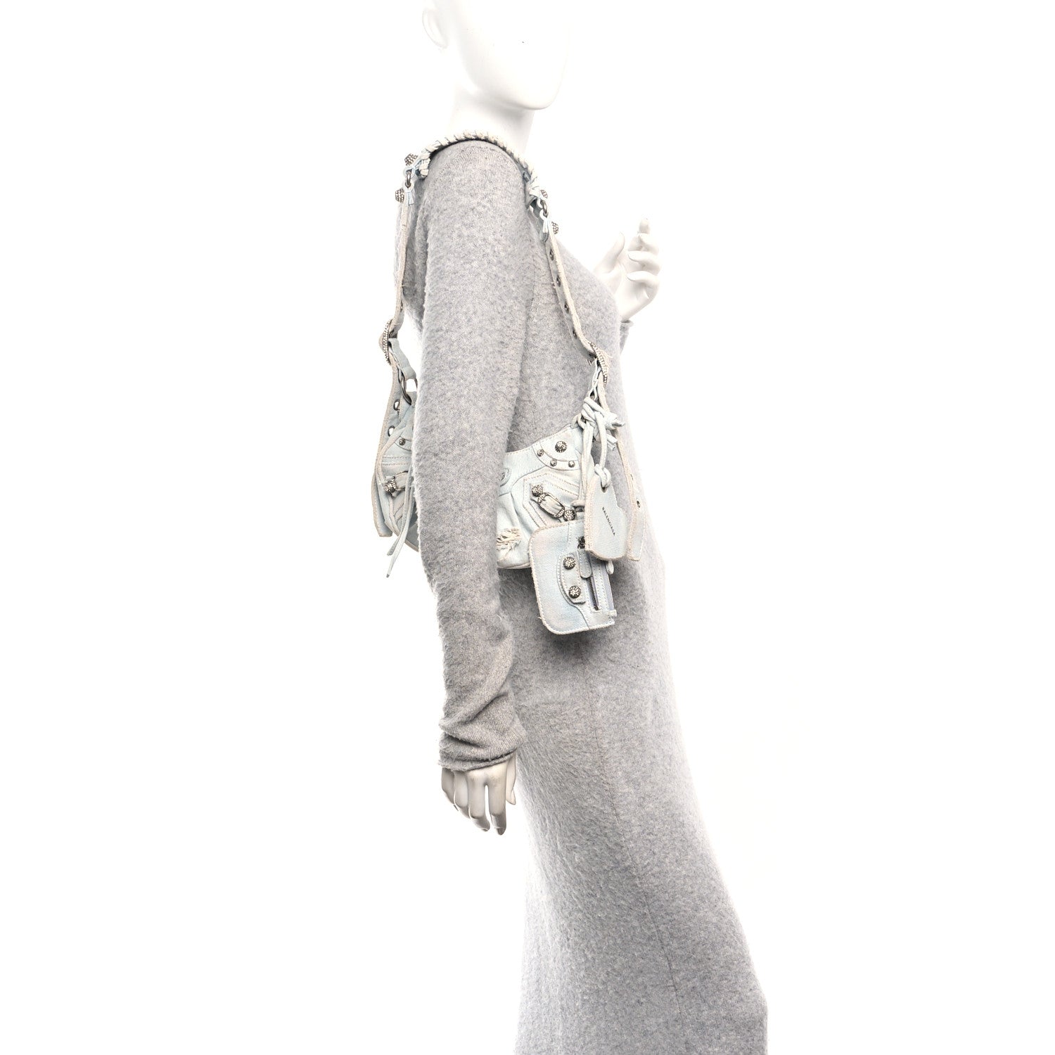 Balenciaga Washed Frayed Denim Crystal XS Le Cagole Shoulder Bag Pale Blue 2 of 15