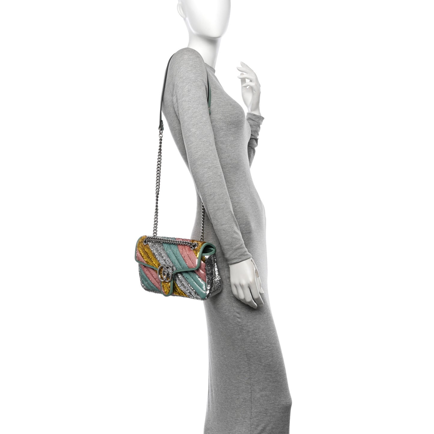 Sequin Satin Calfskin Matelasse Diagonal Small GG Marmont Shoulder Bag  Grigio Argento Verde Chiaro Rosa Giallo Light Water Green