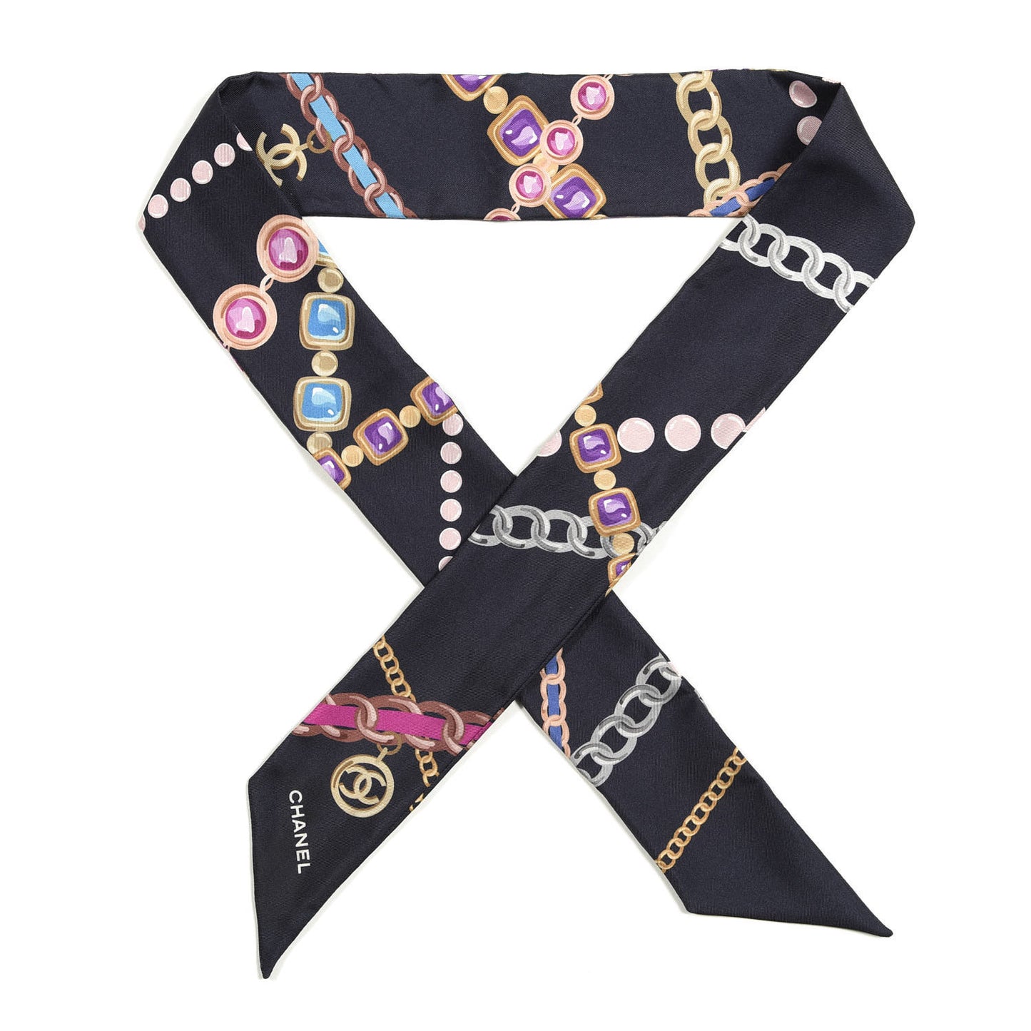 Silk Pearl CC Chain Slim Bandeau Scarf Navy Blue