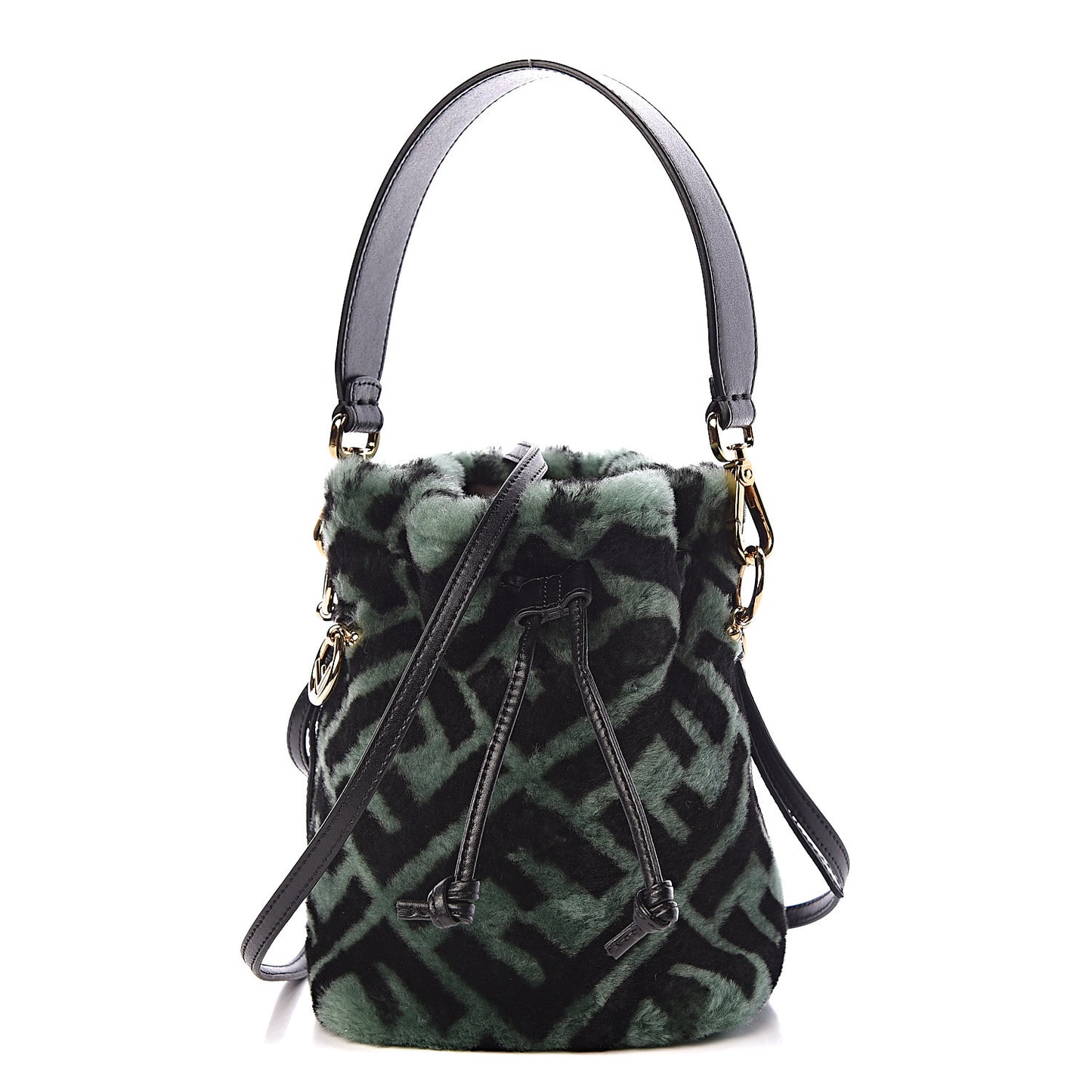 Shearling F is Macro FF 1974 Diagonal Mini Mon Tresor Bucket Bag Green Black