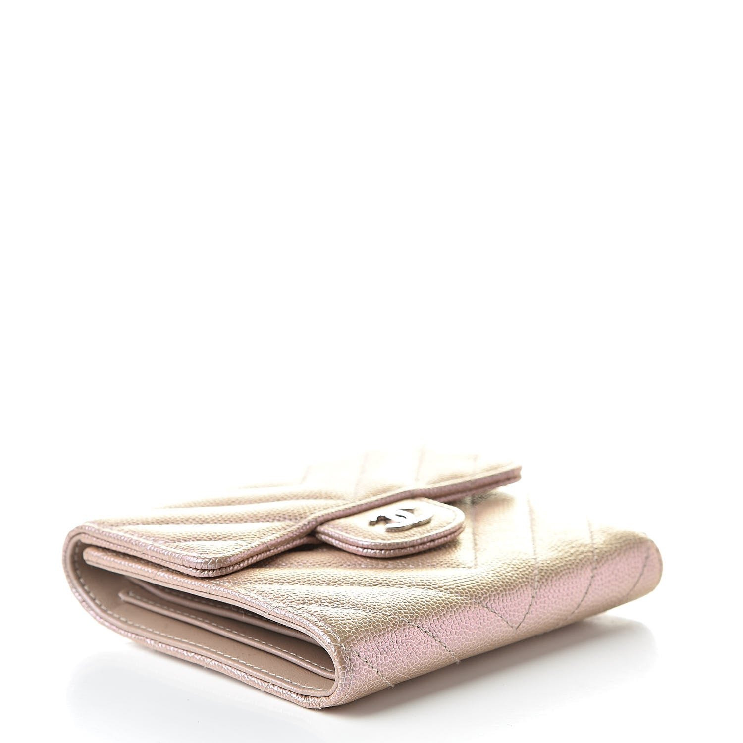 Chanel Metallic Caviar Chevron Quilted Compact Flap Wallet Light Gold 4 of 9