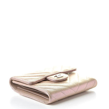 Chanel Metallic Caviar Chevron Quilted Compact Flap Wallet Light Gold 4 of 9