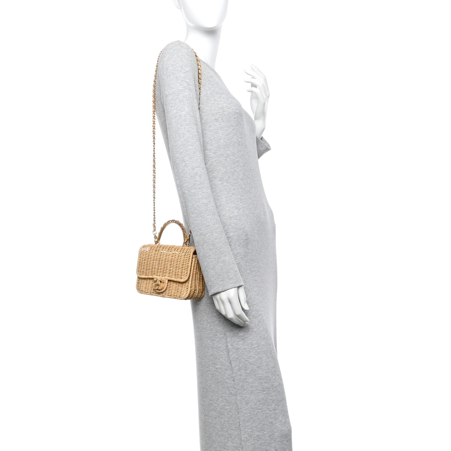 Braided Rattan Mini CC Top Handle Flap Beige